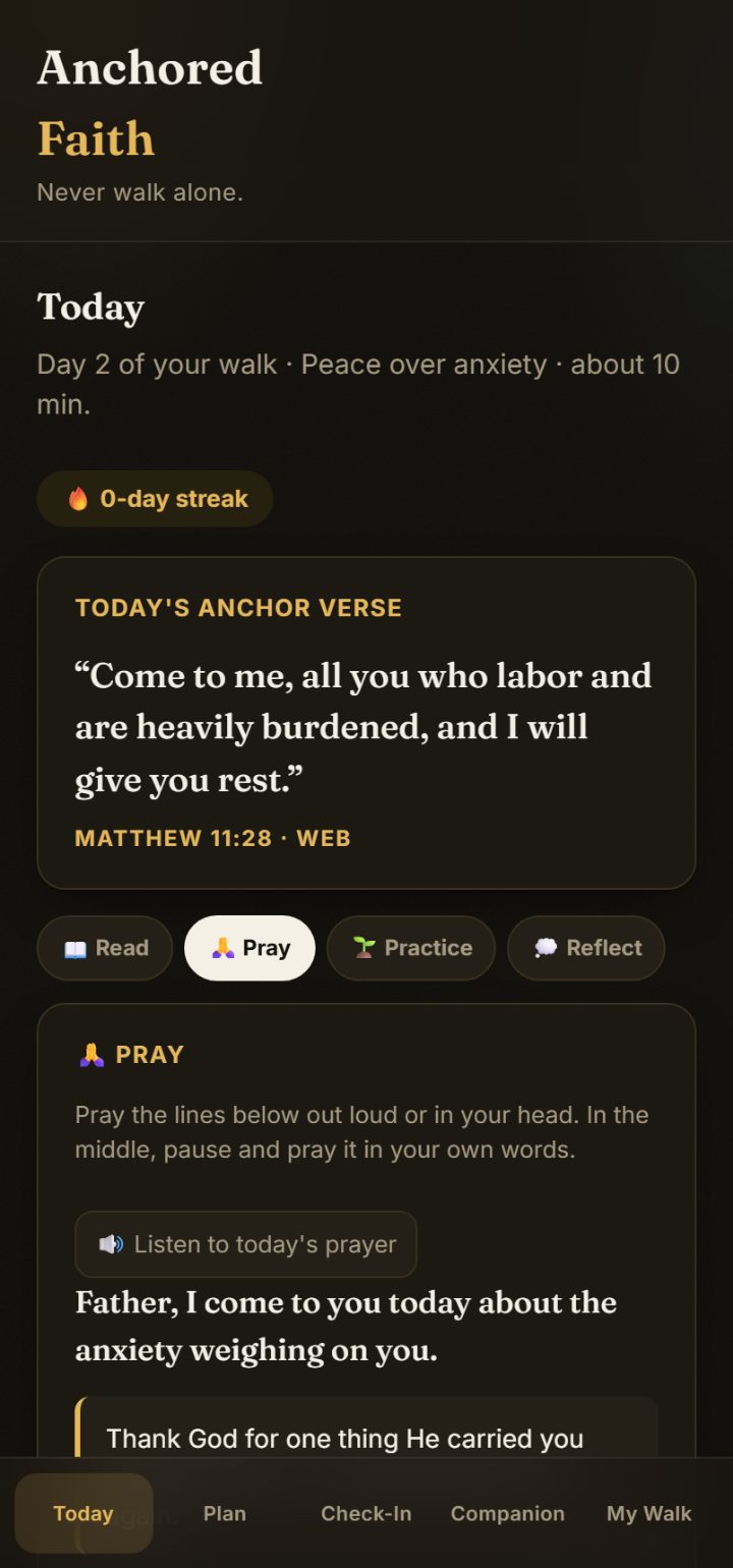 The Anchored app's Pray screen: a prayer written out word for word, with an option to listen to it read aloud.